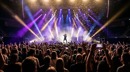 Concert dans une grande salle, foule mains levées sous les faisceaux de lumière