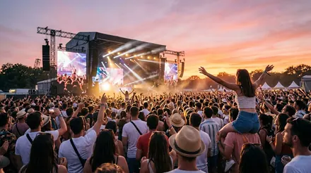 Festival en plein air au coucher du soleil, foule devant la grande scène