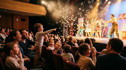 Enfants émerveillés qui pointent la scène pendant un spectacle familial