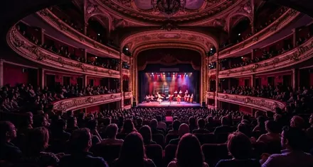 Grand théâtre à balcons, salle pleine face à la scène